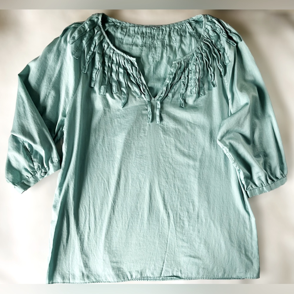 Talbots Mint Seafoam Green Blouse | P Small | Mid-Length Sleeves Split Crew Neck
